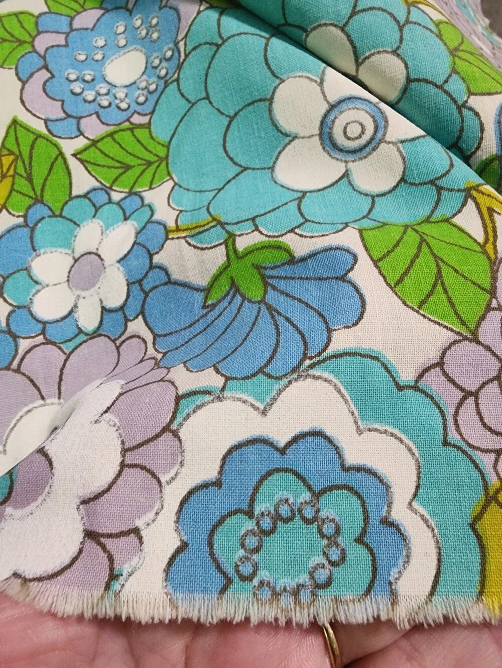 Vintage 70s Floral Blue & Green  Full Flat Percale Sheet 66 X 81 1/2 in.